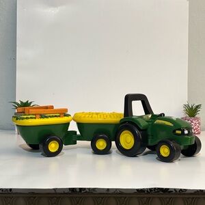 John Deere Green and Yellow Toy Tractor with Dual Green Wagons